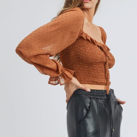 Camel Ruffle Puff Sleeve Smocked Top - Picture 2 of 6